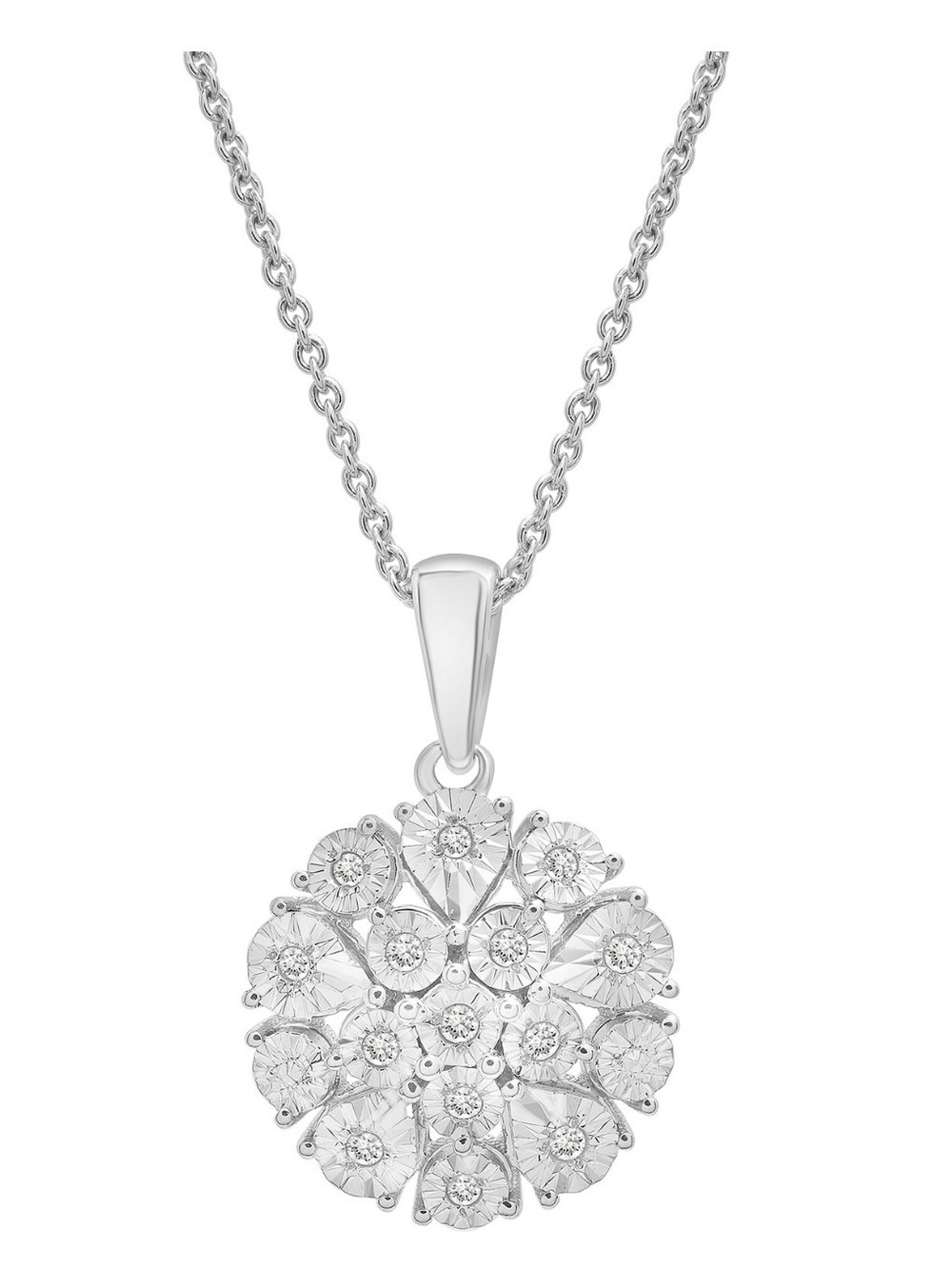 Diamond Flower Burst Cluster 18” pendant necklace (1/10 ct.t.w.) Sterling Silver